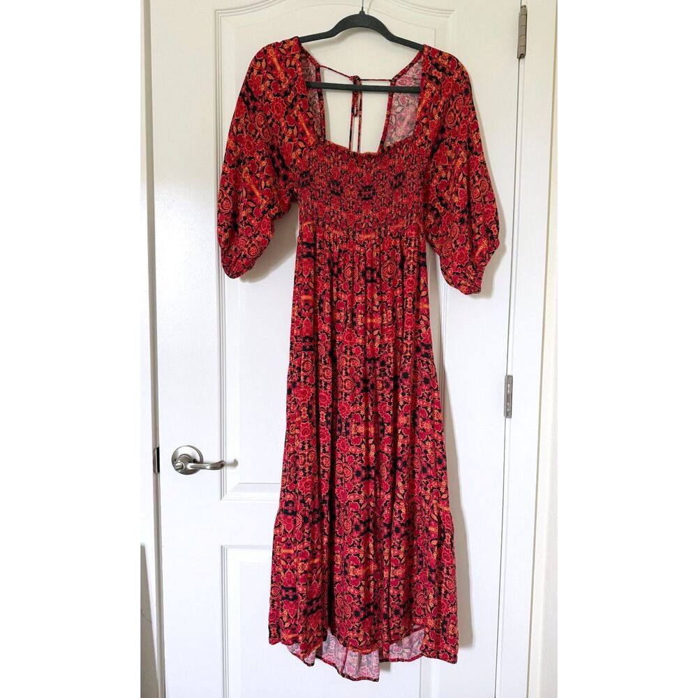 Du Paradis Red Smocked Maxi Dress Size S Puff Sleeves Square Neck Summer Boho
